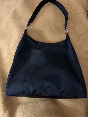 Prada Black Nylon Shoulder Bag; Leather Bottom, Sides, & Accents on Adj. Strap.